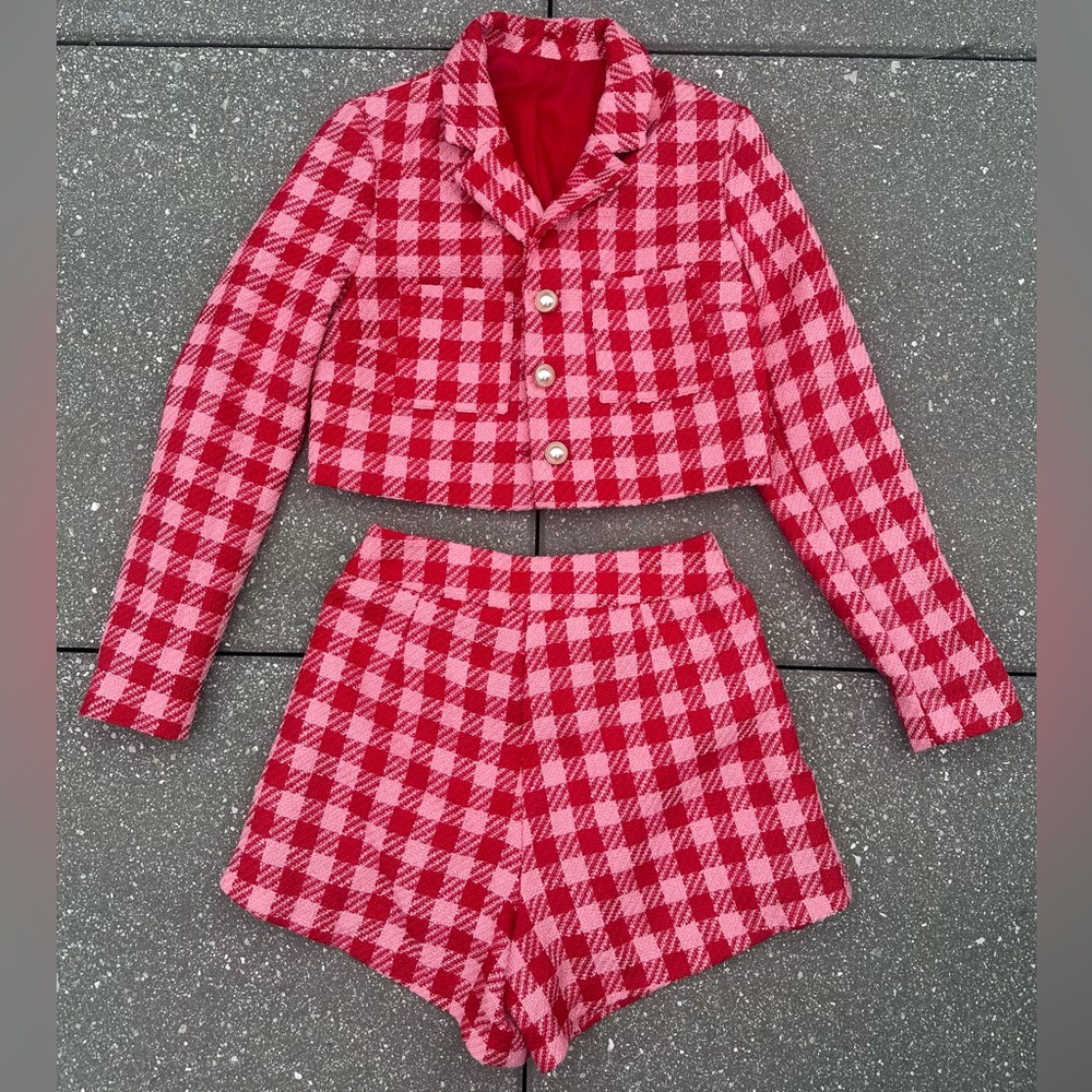 Red & Pink Tweed Jacket and Shorts Set